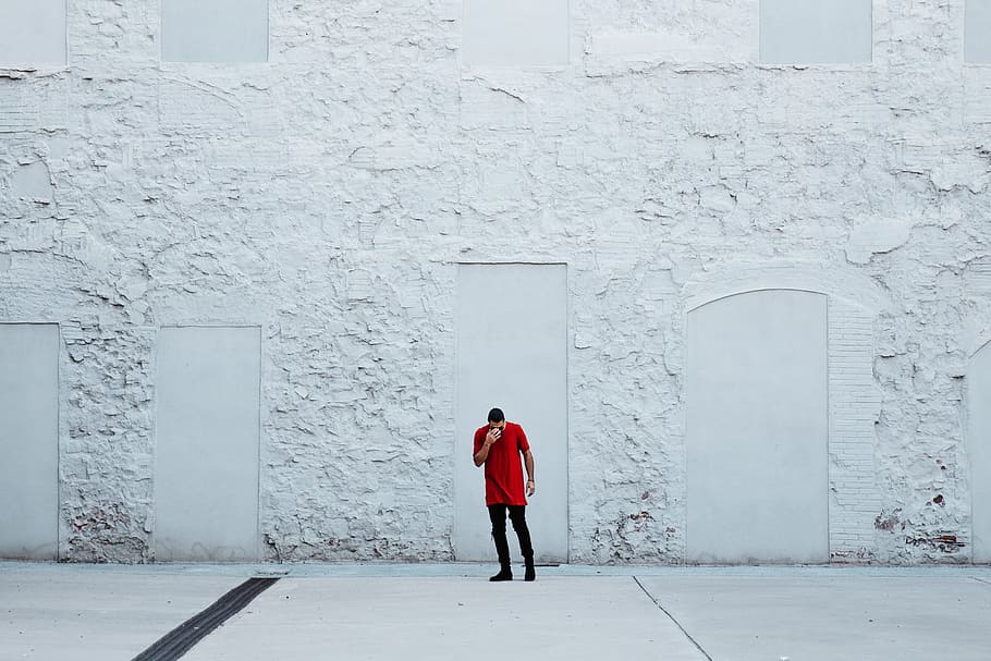 fashionable, man, wearing, red, t-shirt, textured, wall, 25-30 year old, adult, clothing