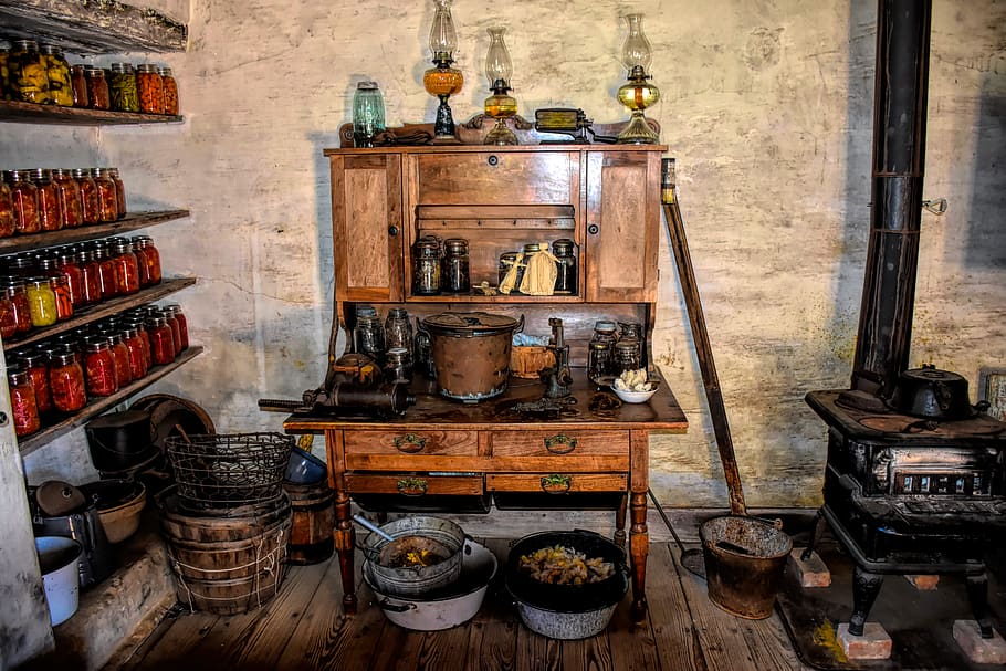 pioneer kitchen, settlers, early america, building, usa, historic, landmark, kitchen, western, canned food