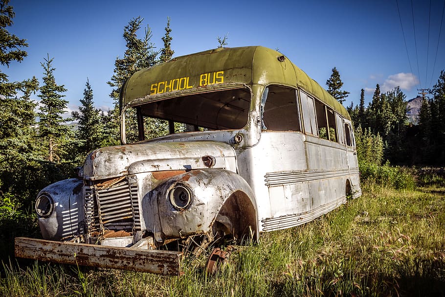 old bus, weathered, nostalgia, junkyard, vehicle, auto, rust, metal, school bus, bus
