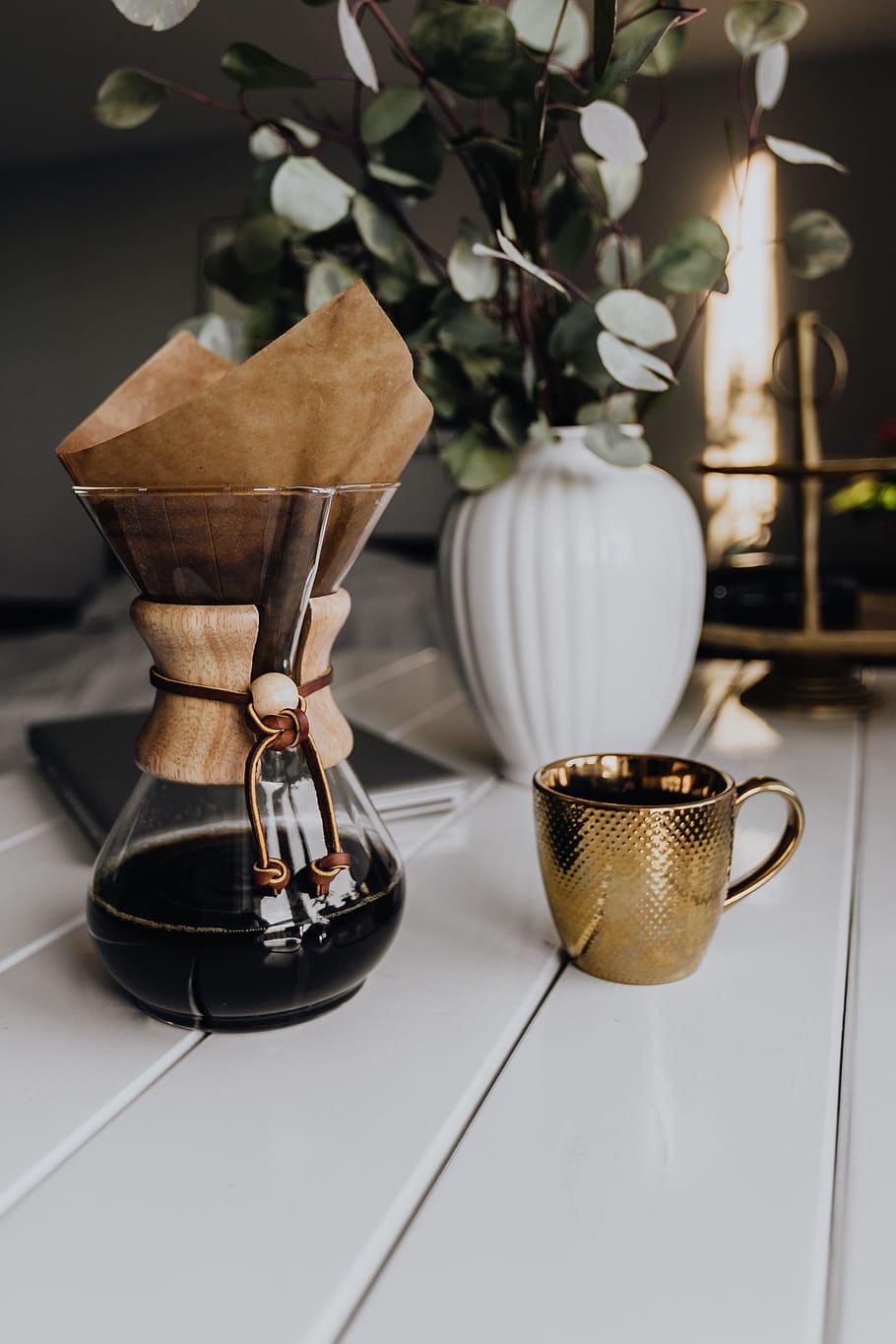 chemex coffee maker, gold cup, coffee, cup, morning, break, cafe, mug, pause, plant