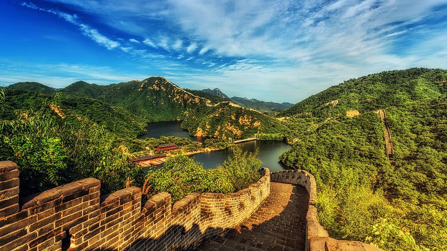 great wall, china, panorama, landmark, lake, water, landscape, attraction, mountain, building