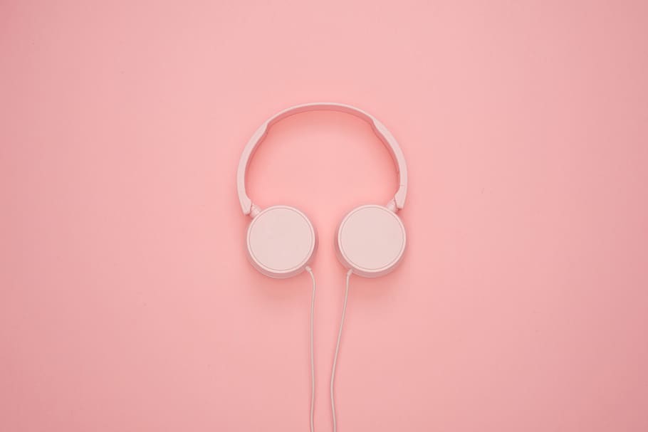 headphones, pink, pastel colors, bright, flat lay, music, chill, studio shot, pink color, indoors