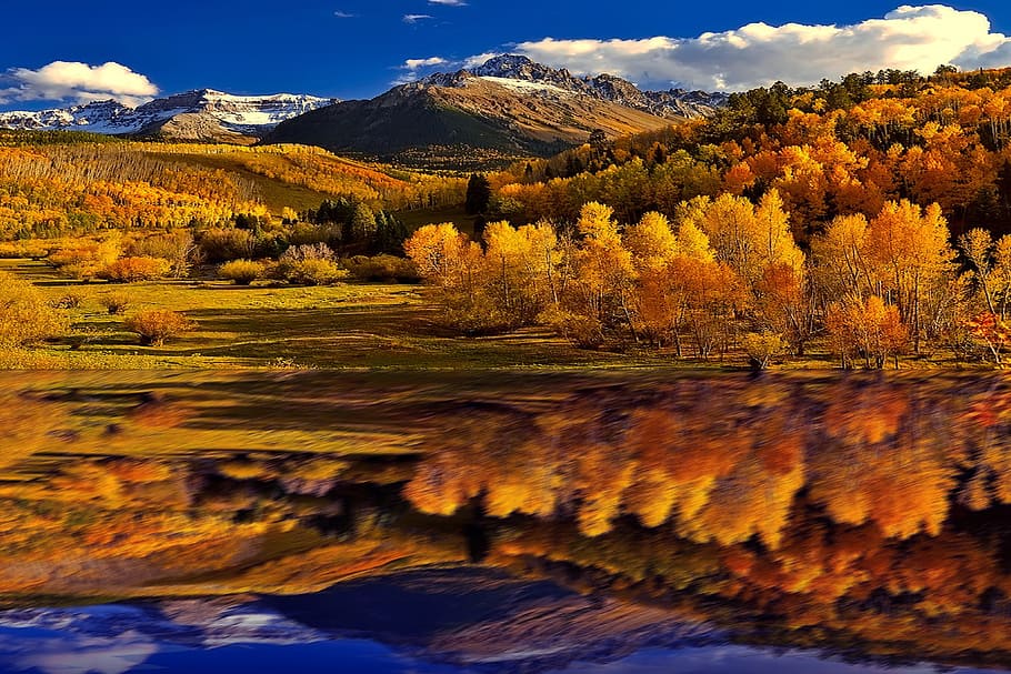 reflexiones de otoño, naturaleza, otoño, cielo azul, nubes, fondo de pantalla, lago, naranja, árbol, agua