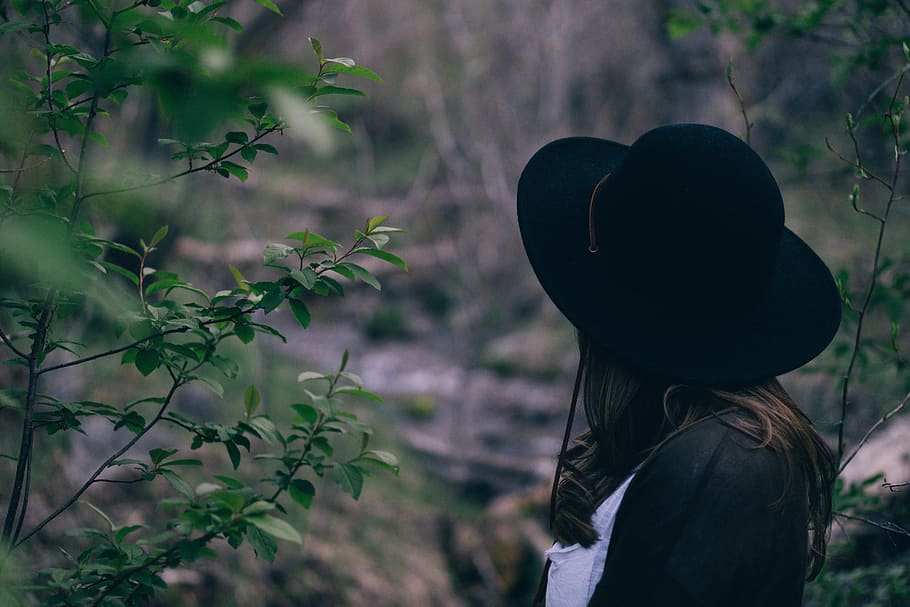 people, girl, alone, tree, nature, green, plant, black, hat, clothing