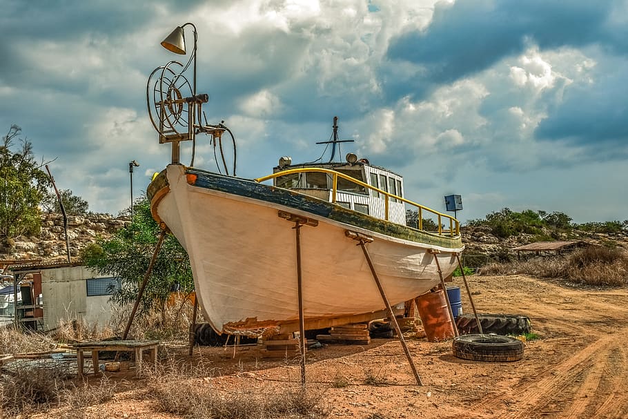 fishing boat, wooden, traditional, grounded, shipyard, potamos, liopetri, cyprus, cloud - sky, sky