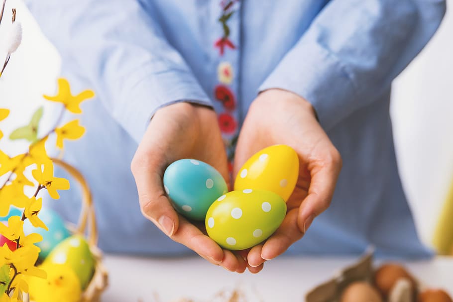 hands, holding, modern, painted, easter eggs, eggs., multi colored, one person, easter, midsection