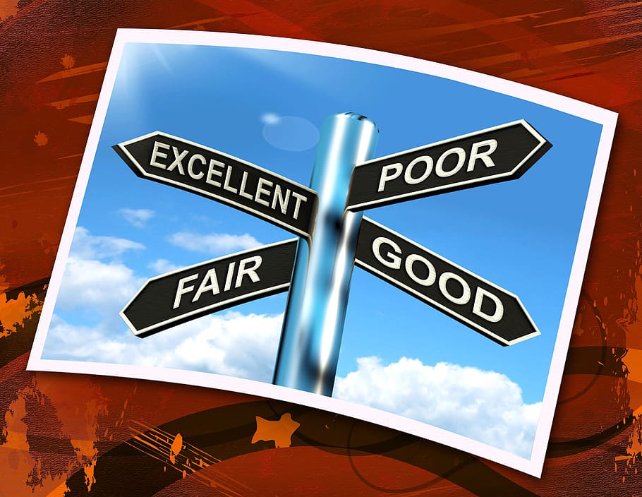 excellent, poor, fair, good, sign meaning performance review, above average, amazing, assessing, assessment, average