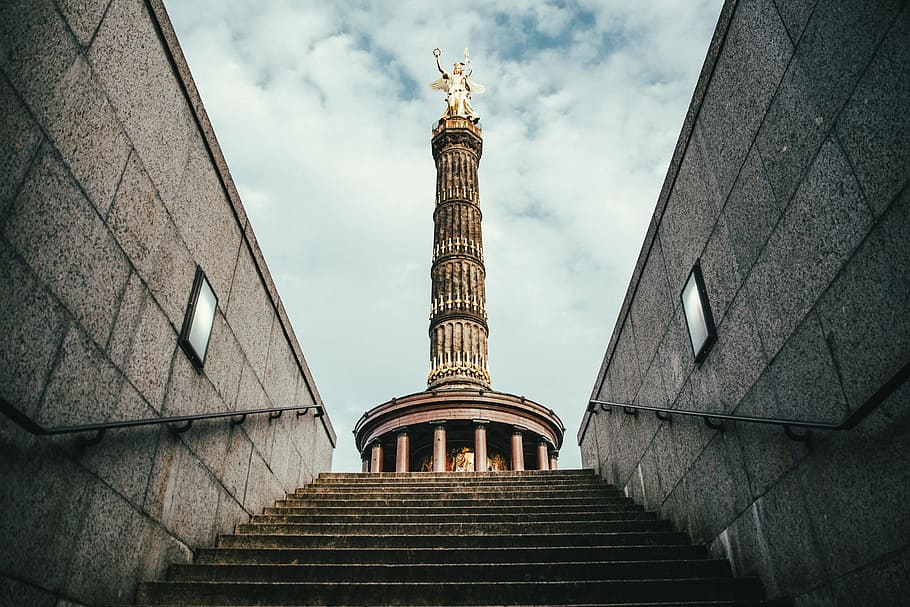 view, berlin victory column, downstairs, clouds, background, architecture, capital, column, europe, garden