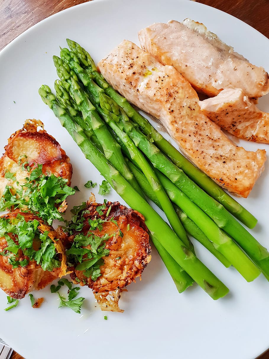 food, salmon, asparagus, foodie, gourmand, potatoes, easter, feast, fish, vegetables