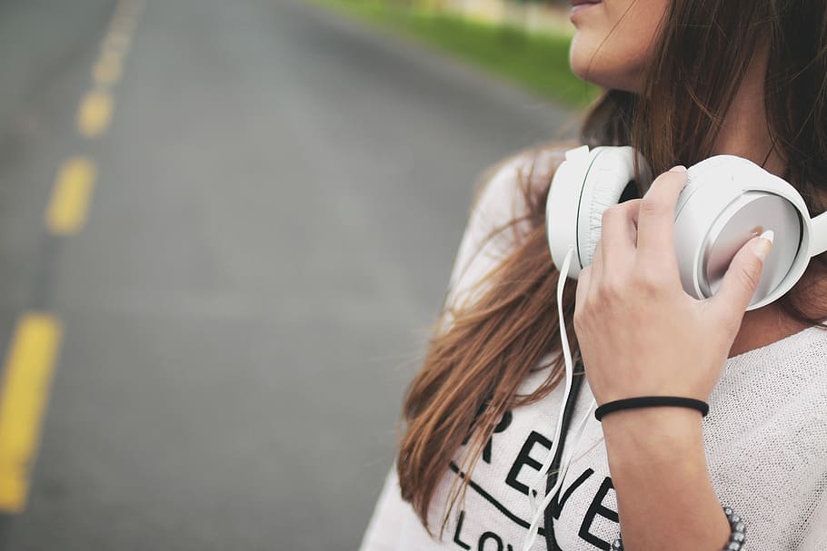 gadis, musik, headphone, hipster, muda, bahagia, perempuan, wanita, orang, suara