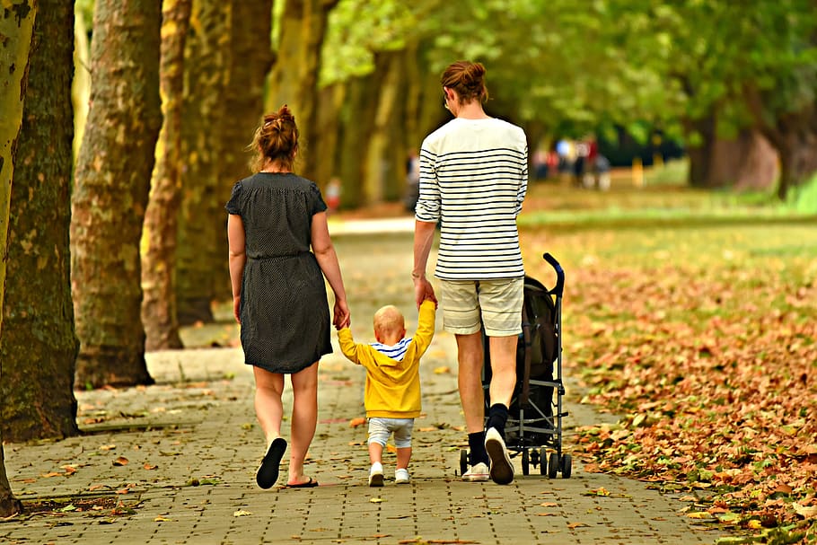 woman, man, child, couple, parent, family, three, together, walking, toddler