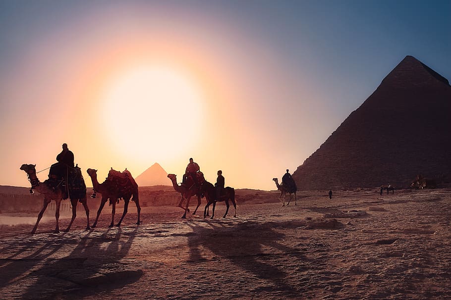 pyramids, cairo, egypt, desert, archaeology, architecture, gizeh, sunset, landscape, history