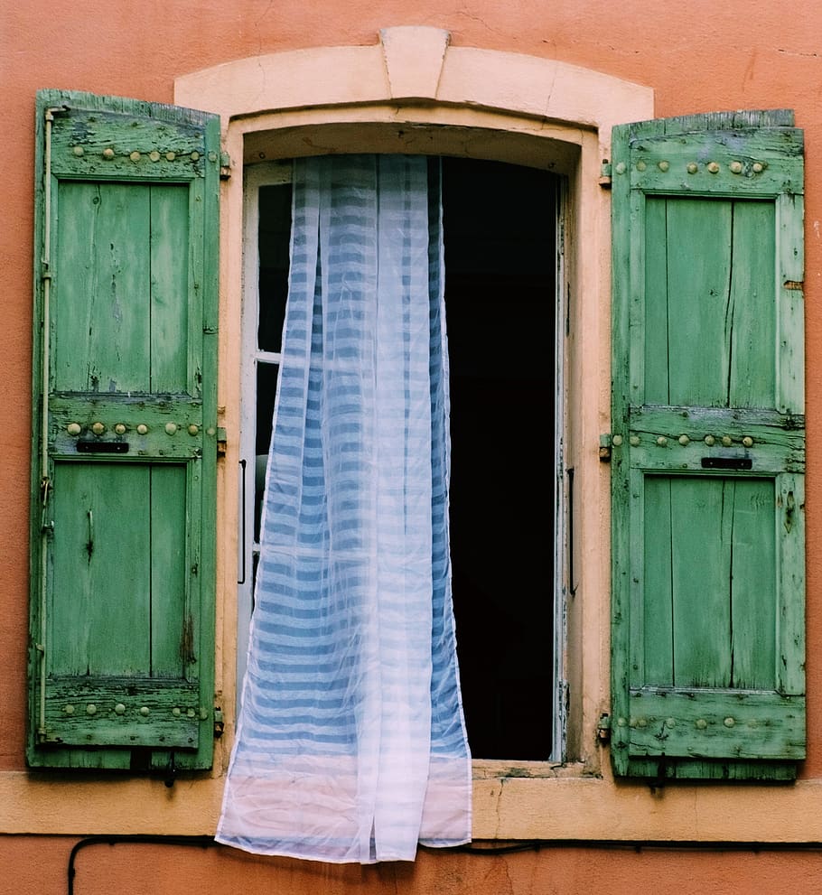 french windows, lace curtains, wooden shutters, mint green, earth tones, earthy, open window, rustic, quaint, french countryside