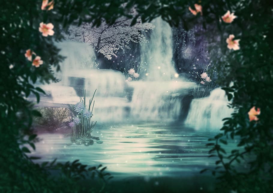 waterfalls, cascade, jungle, flowers, fantasy, rock, mysterious, glitter, fairytale, dreamy