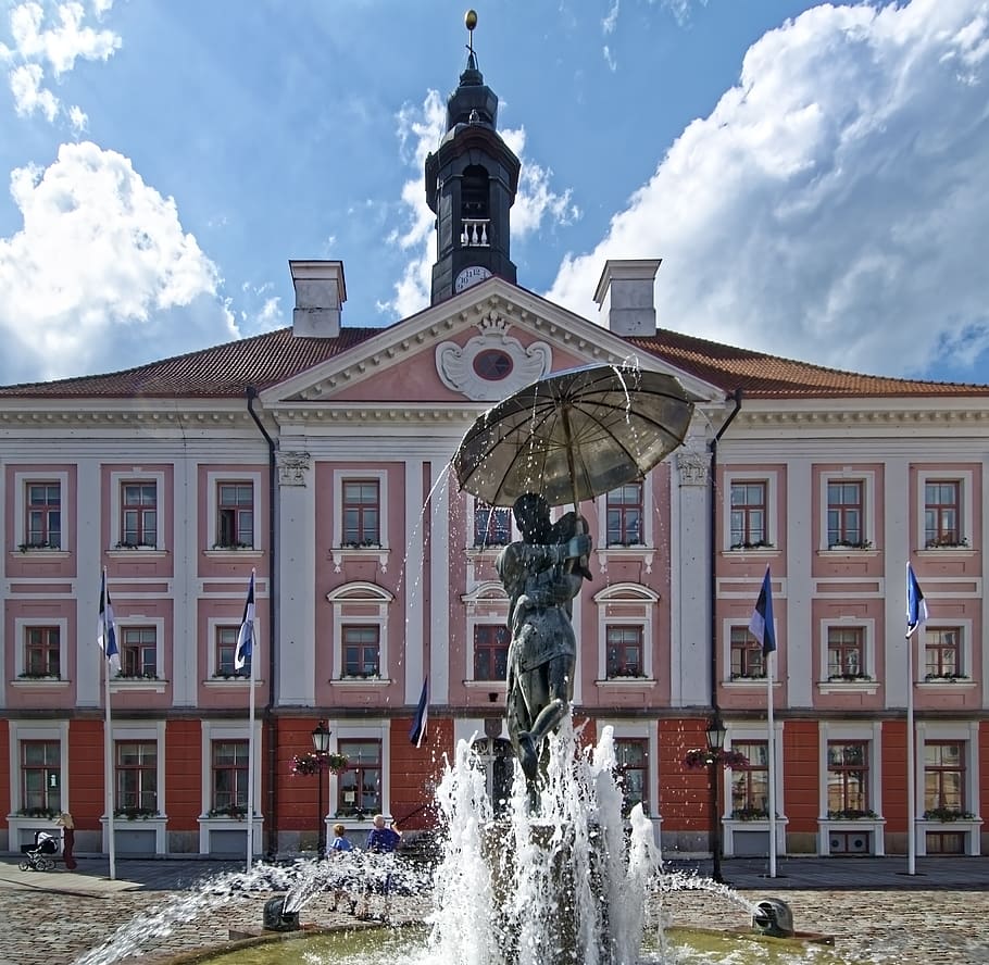 estonia, tartu, town hall, town hall square, historic center, fountain, historically, architecture, building, facade