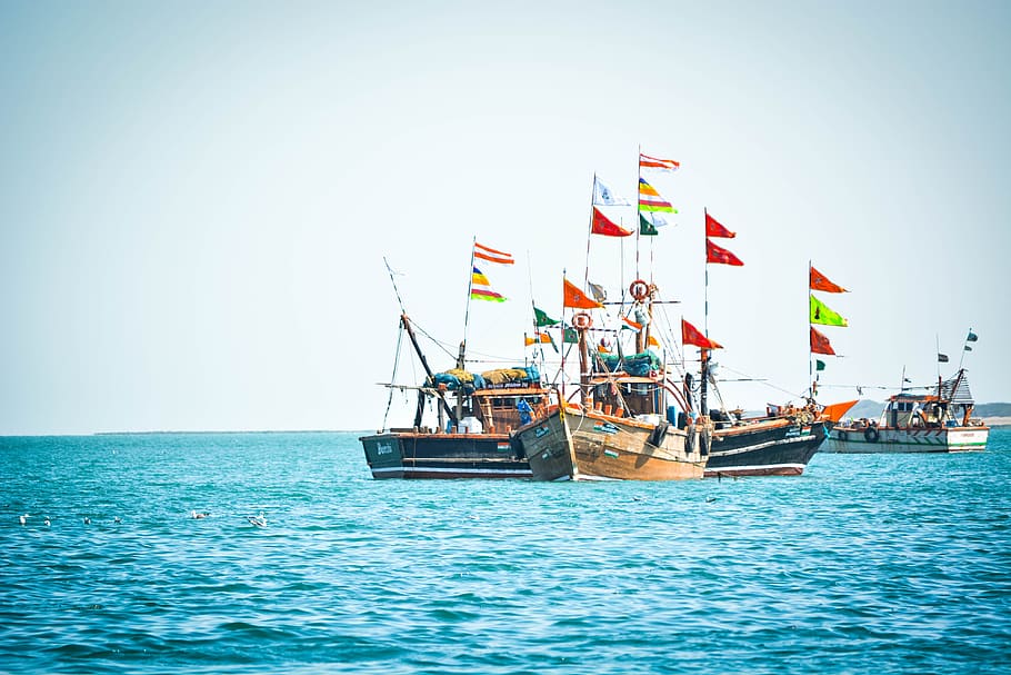 sea, boat, yacht, indian ocean, arabian sea, fisherman, ship, ocean, flags, blue