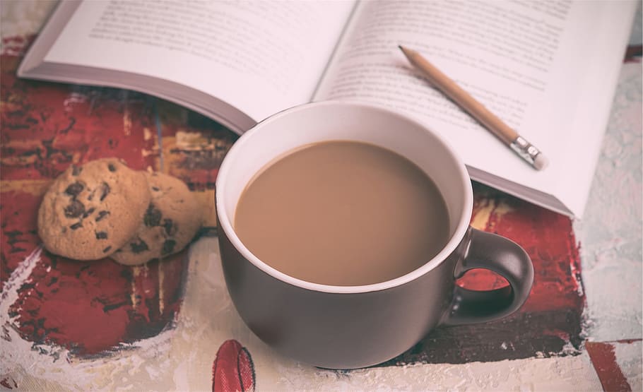 coffee, book, pencil, chocolate chip, cookies, reading, cup, mug, snack, food