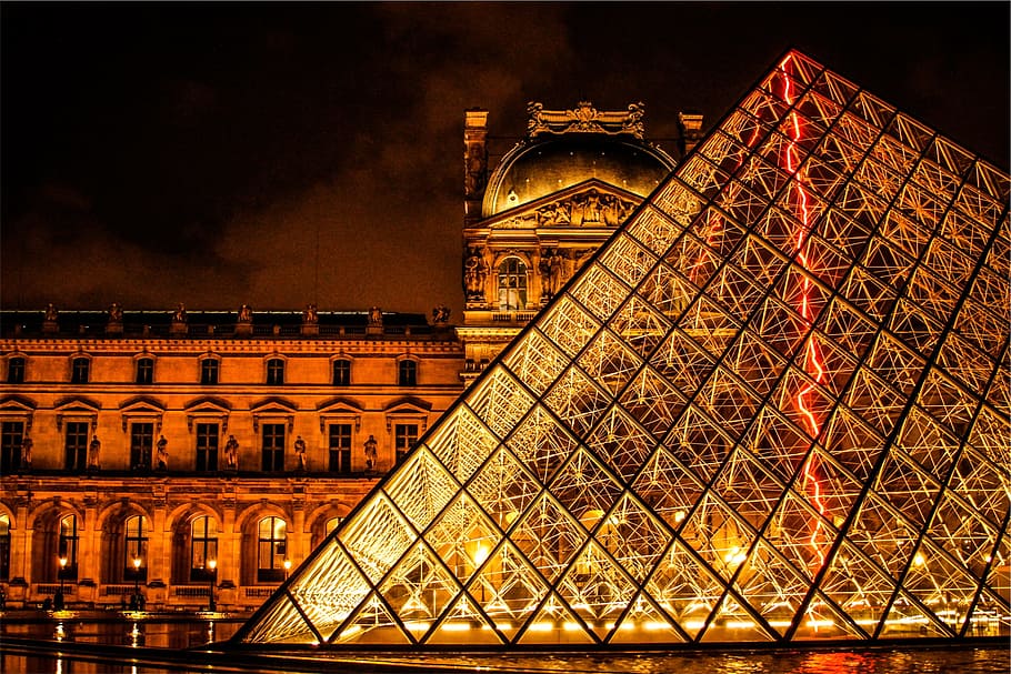 The Louvre, Paris, Prancis, arsitektur, seni, galeri, museum, bangunan, gelap, malam