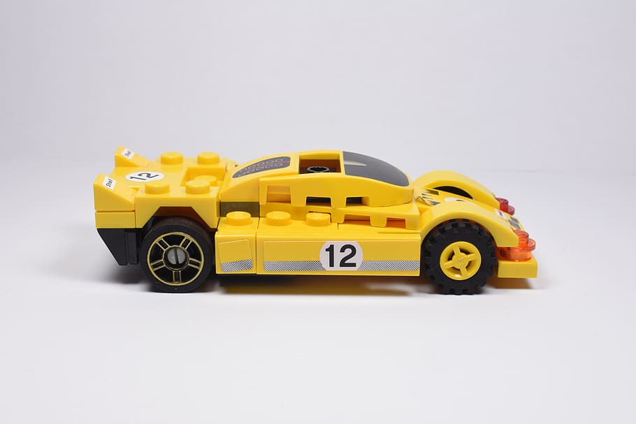 lego blocks, lego car, lego, yellow car, back, yellow, studio shot, car, mode of transportation, motor vehicle