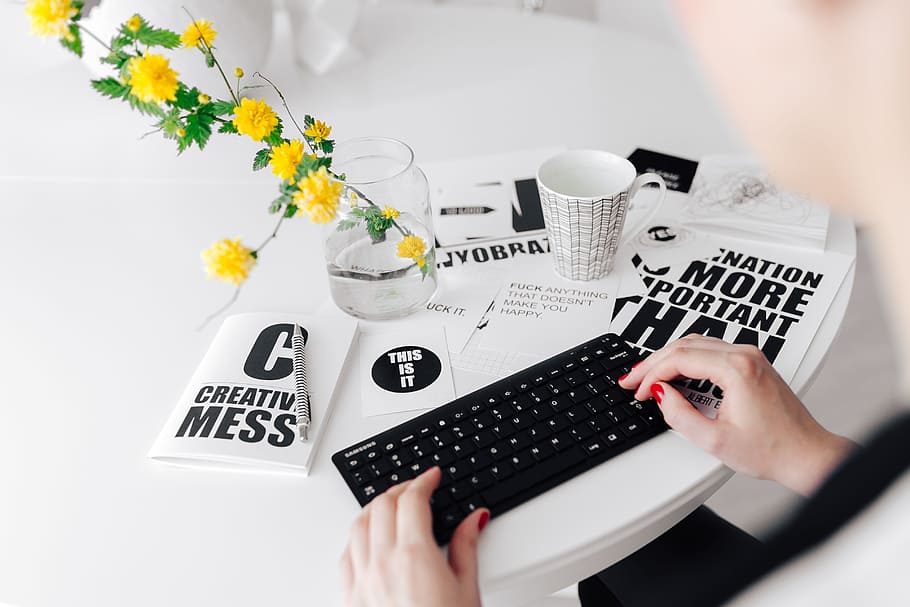 female, hands typing, remote, wireless, computer keyboard, minimal, minimalist, office, workspace, workplace