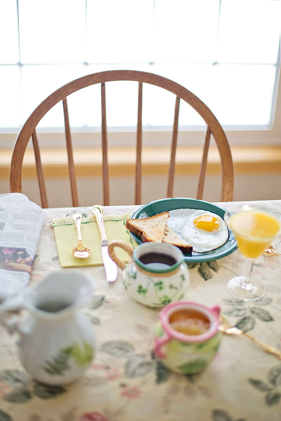 breakfast, fried egg, coffee, table, table setting, food, morning, meal, healthy, protein