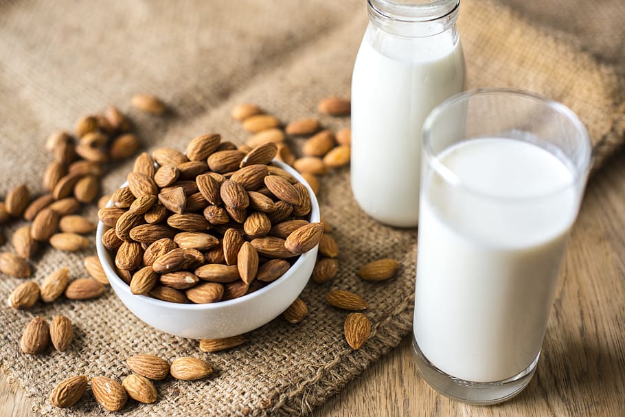 almond, almond milk, bottle, bowl, brown, burlap, closeup, drink, edible, food