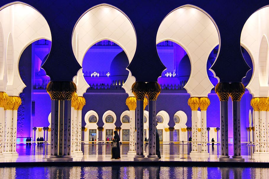 noche, iluminado, orar, musulmán, gran mezquita jeque zayed, mezquita, minarete, arquitectura, religión, viajar