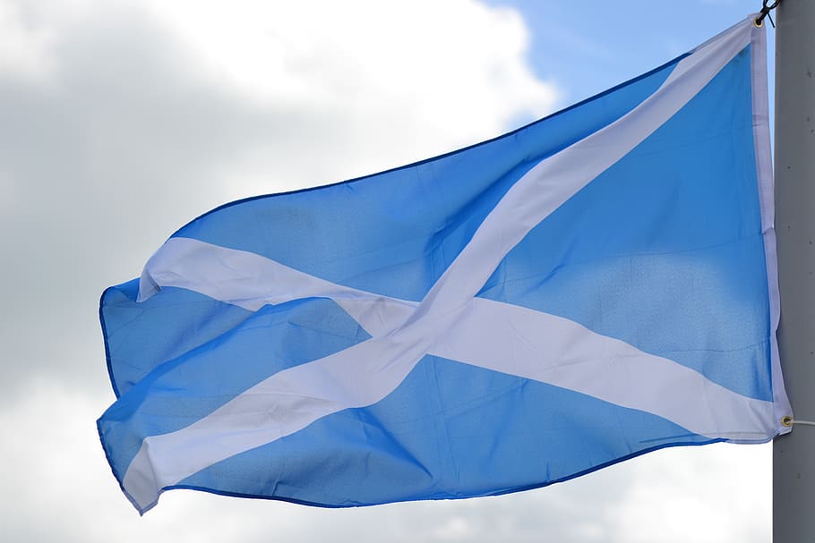flag, scottish, scotland, blue, white, national, sky, cloud - sky, patriotism, wind