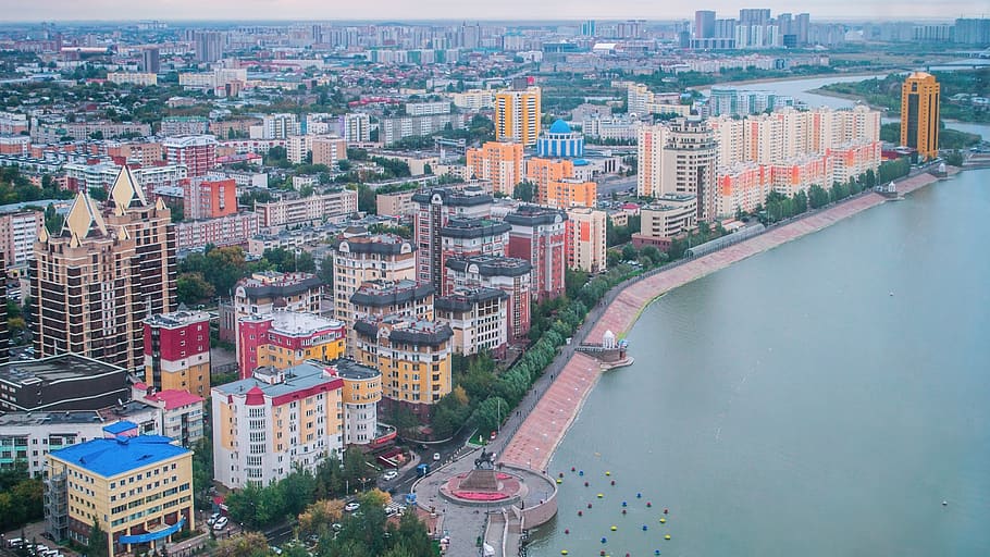 astana, kazakhstan, left coast, river, yesil, old, building, asia, summer, quay