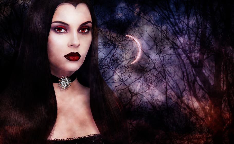 vampire, dark, gothic, crescent moon, night, spooky, trees, night sky, woman, portrait
