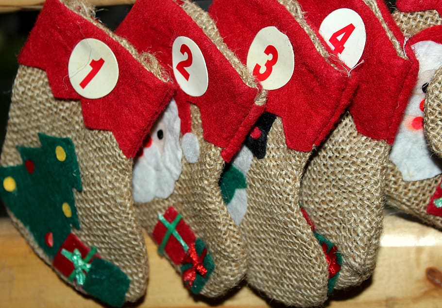 advent calendar, christmas, parish, waiting, socks, decoration, december, red, textile, indoors