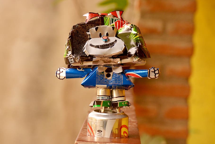 mafalda, robot, recycle, figure, metal, colorful, recycling, focus on foreground, bottle, day