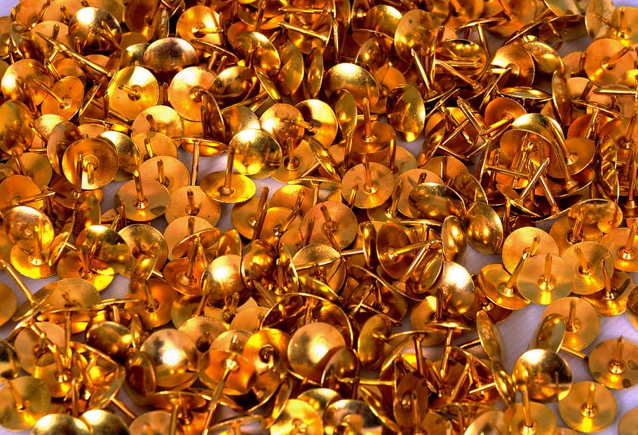 drawing pins, gold, stationary, office, plenty, art, pattern, colour, repetition, full frame