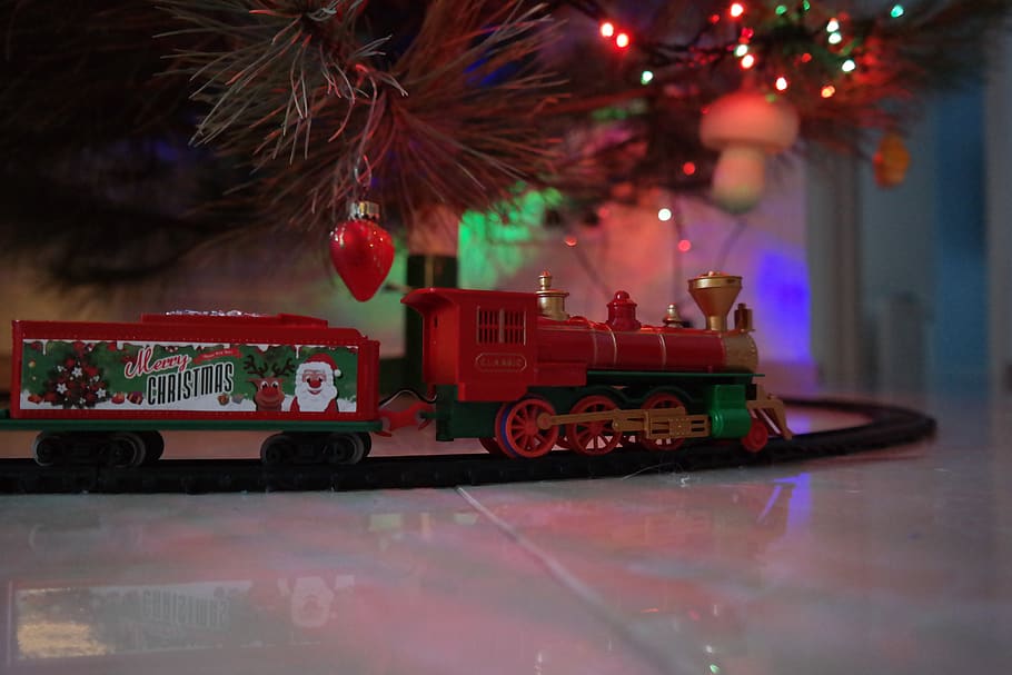 christmas, toy, train, holiday, winter, decoration, celebration, transportation, mode of transportation, christmas tree