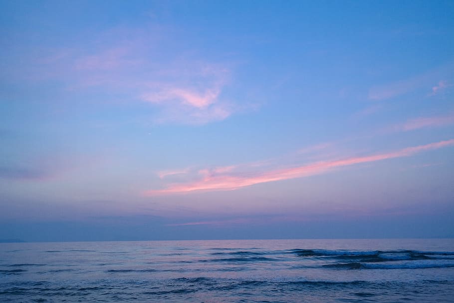 sea, sunset, abendstimmung, dusk, wave, afterglow, sky, blue, beauty in nature, cloud - sky