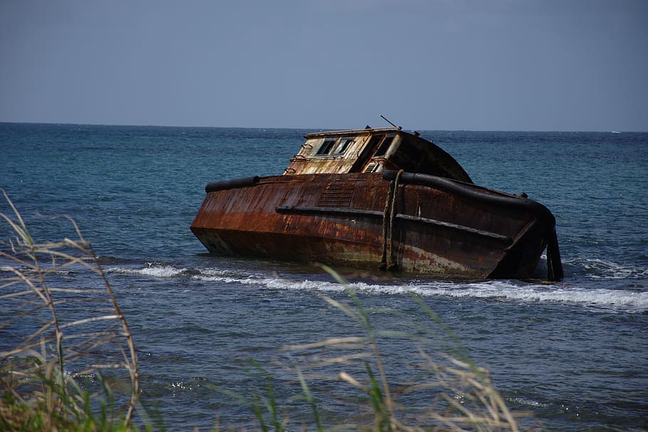 boat, sunk, shipwreck, sea, abandoned, rusty, sunken, old, beach, barca