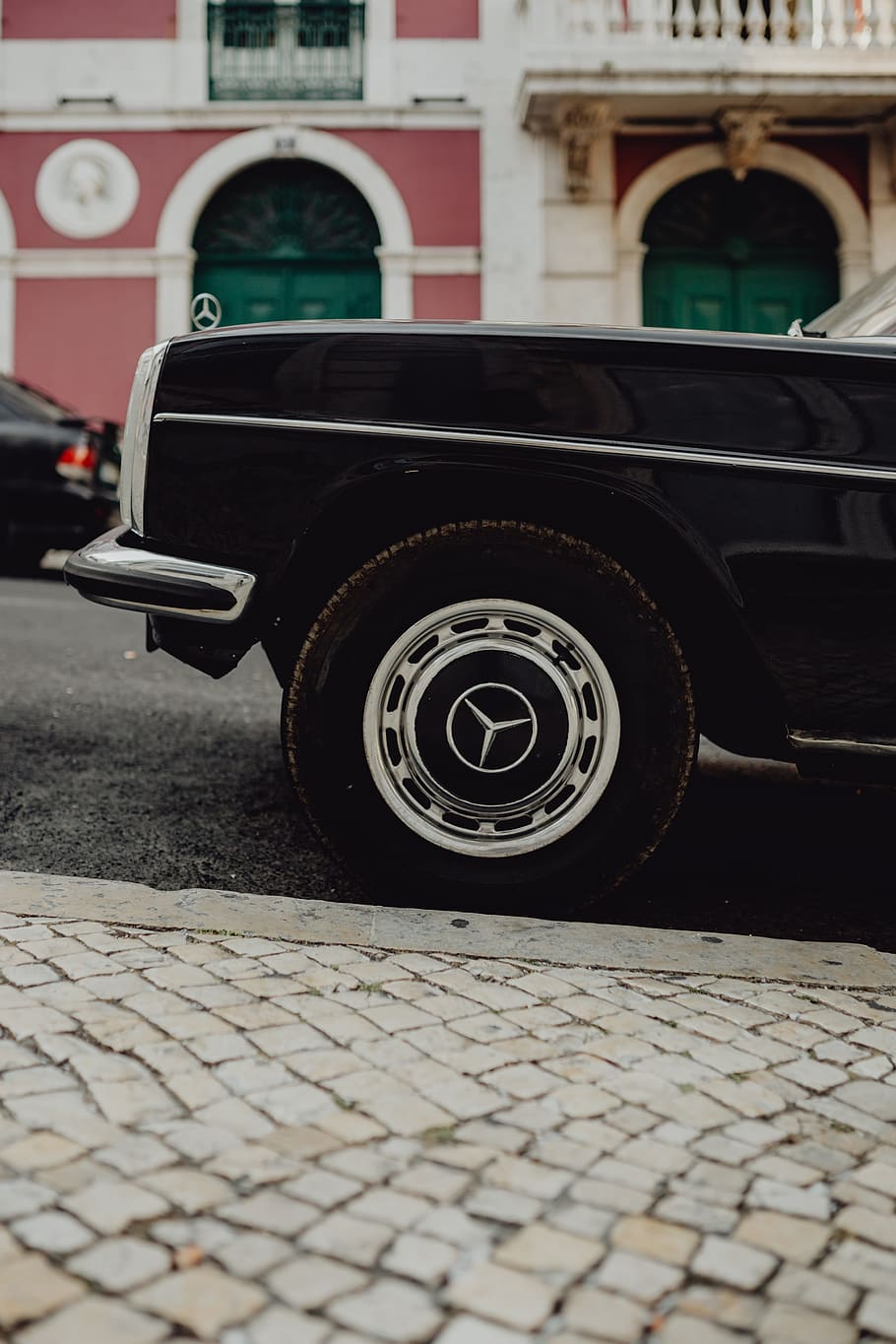 old, mercedes benz, parked, street, lisbon, portugal, vintage, car, black car, black
