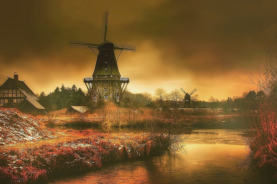 mill, darkness, mytic, dark, sky, landscape, windmill, scenic, sun, old