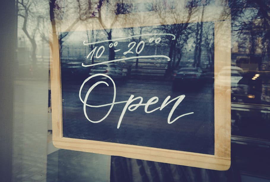 open, table, restaurant, window, sign, store, closed, informative, welcome, text