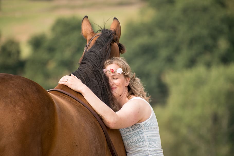 snuggle, horse, human, move, smooch, floral wreath, woman, connectedness, love, trust