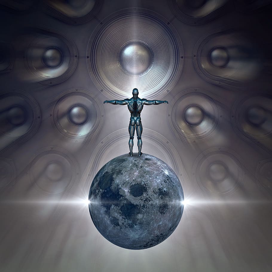 cd cover, fantasy, science fiction, man, robot, moon, speakers, light, space, music