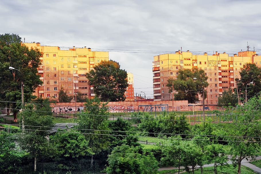 Ufa, city, russia, buildings, park, trees, architecture, building exterior, built structure, tree