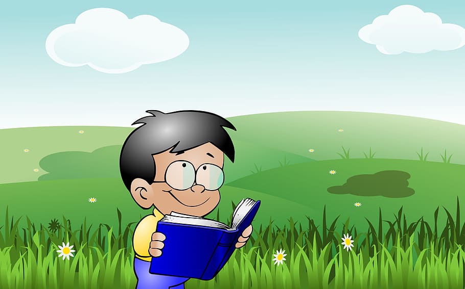 illustration, child reading, book, field., kid reading, baby, child, concept, enjoy, flower