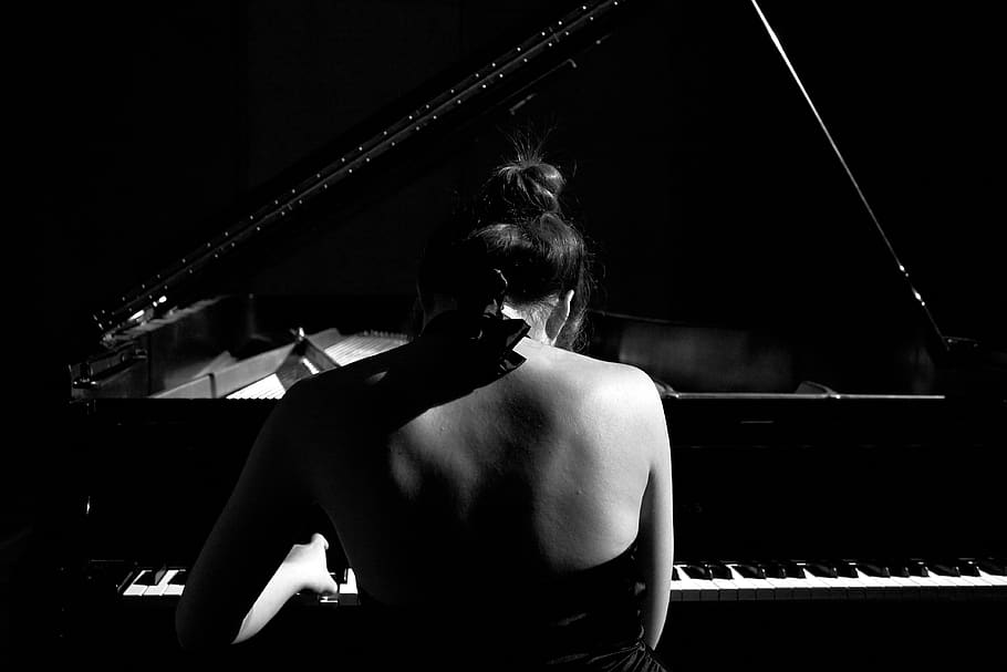 piano, blanco y negro, jugador, instrumento, negro, música, teclado, musical, tocando, dramático