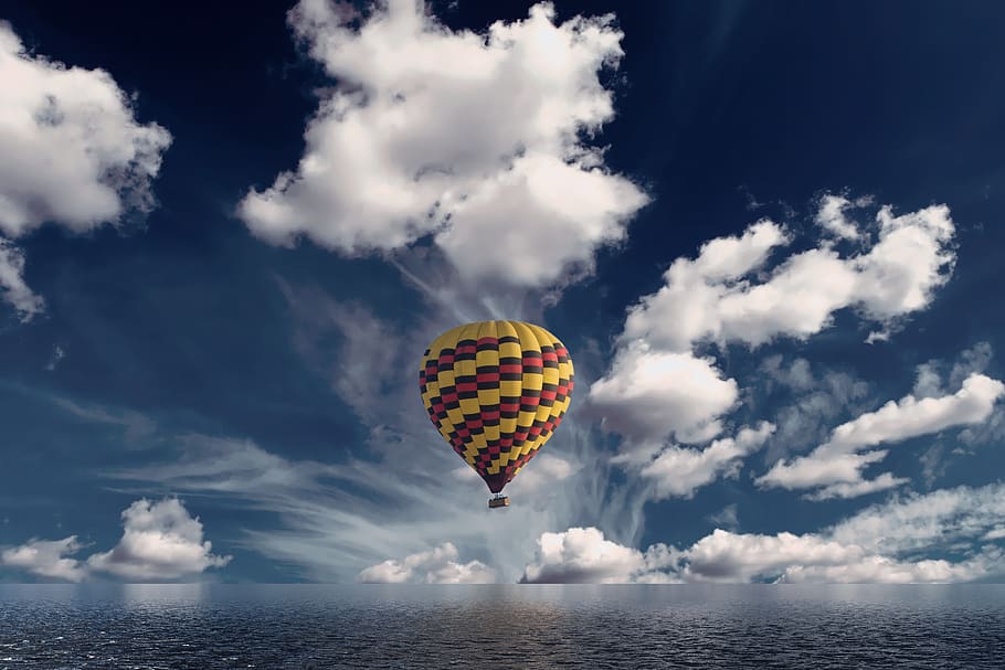 hot air balloon, clouds, reflection, sky, balloon, travel, adventure, floating, cloud - sky, mid-air