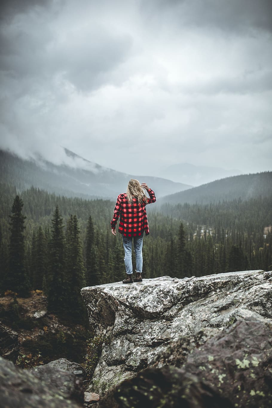 standing, girl, woman, blonde, flannel, hipster, mountains, nature, trees, forest