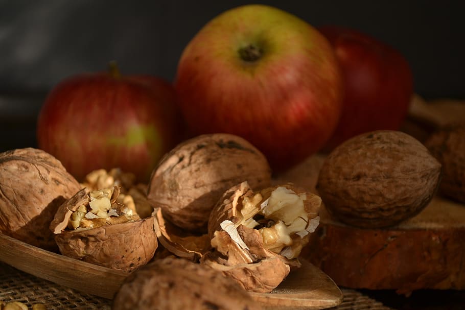 nuts, apples, autumn, brown, meal, healthy, delicious, bio, food, food and drink
