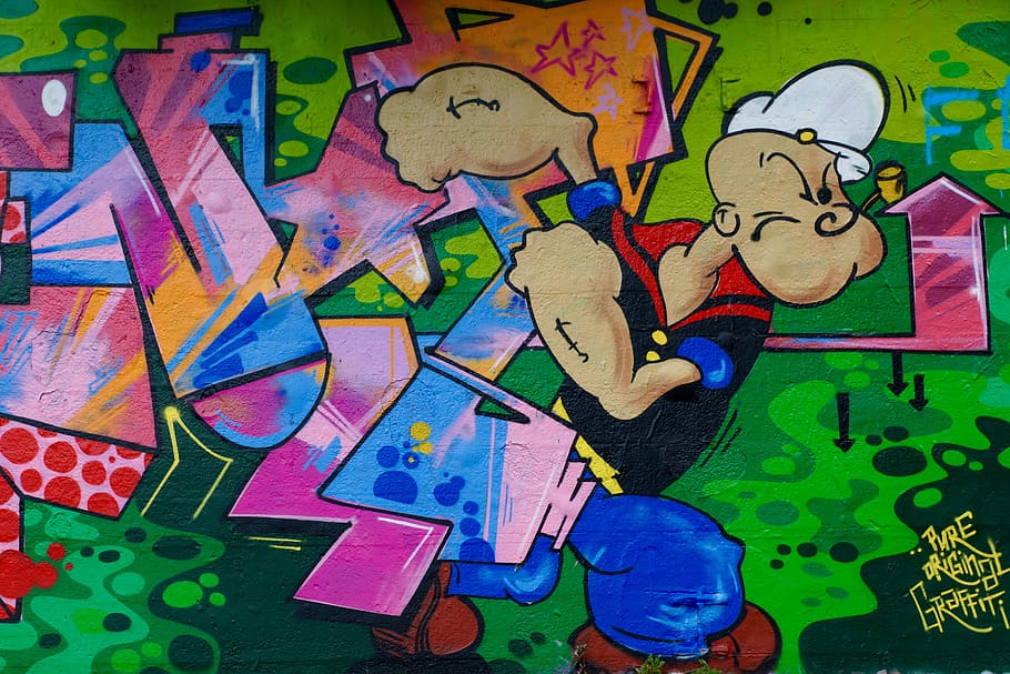 graffiti, popeye, wall, art, cartoon character, multi colored, art and craft, creativity, full frame, wall - building feature