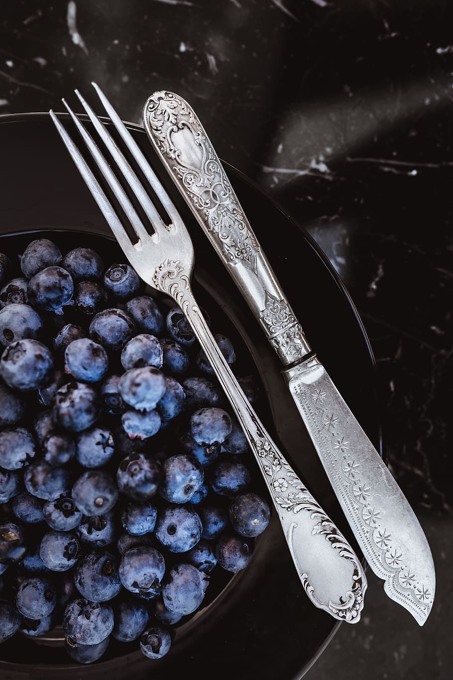fresh, blueberries, black, plate, vintage, cutlery, fruits, blueberry, marble, marble table