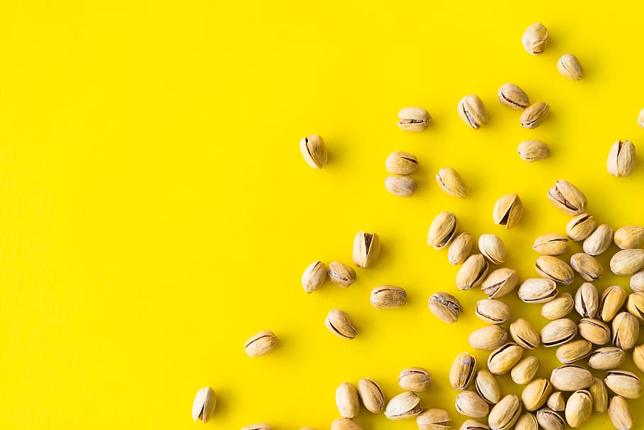 pistachios, flat design, food, foodie, hungry, pastel colors, room for text, salty, top, yellow